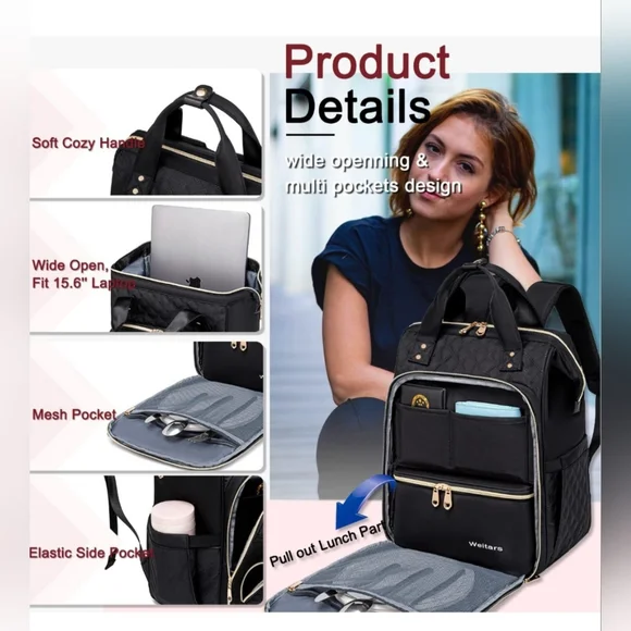 Women's Black Multi Compartment Backpack - Picture 6 of 12